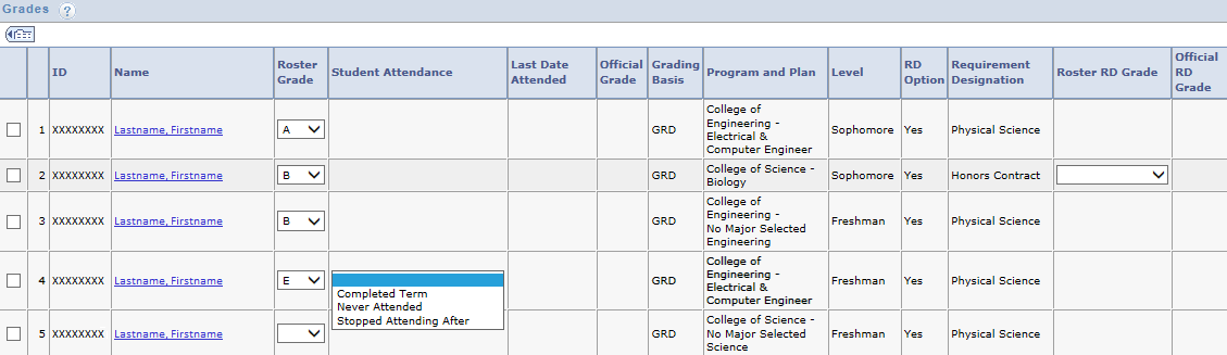 image of the conterxt menu for a student who needs more information due to receiving an E in the course, 