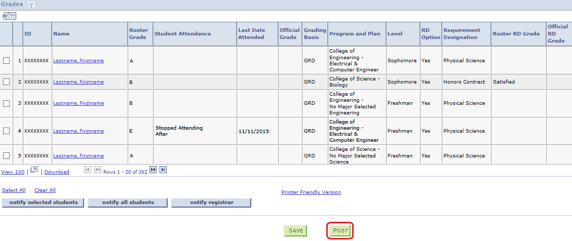 image of grade roster with the Post button at the bottom of the page circled