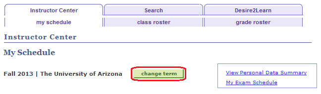 Image of Instructor center main page with the change term button circled