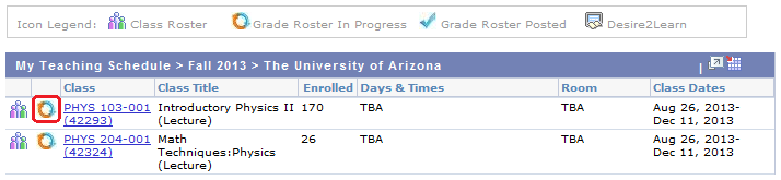 image of list of classes in instructor center with grade roster icon circled