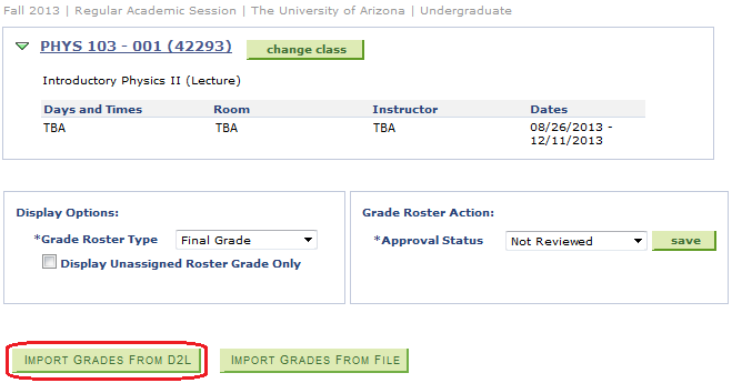 image of class list in grade roster with the import grades from D2L circled