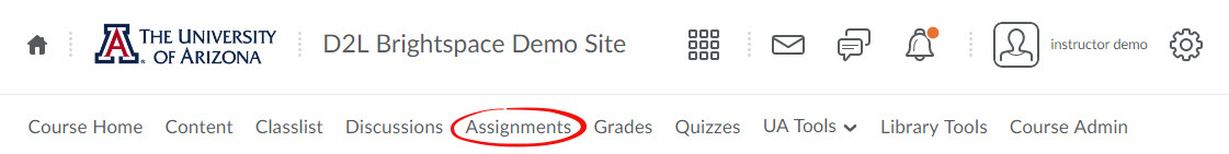 image of D2L Navbar with Assignments tool circled