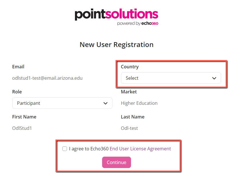 PointSolutions Account Registration Screen