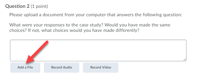 Red arrow points to the Add a File button underneath a question.