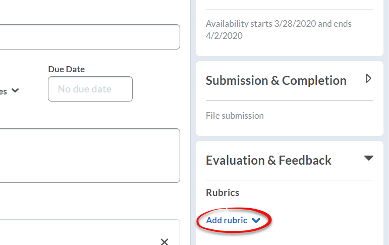 Evaluation & Feedback section with the Add rubric option circled in red.