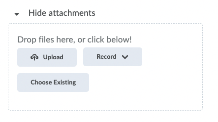 Image illustrating the Upload, Record, and Choose Existing options to add attachments to a discussion post.