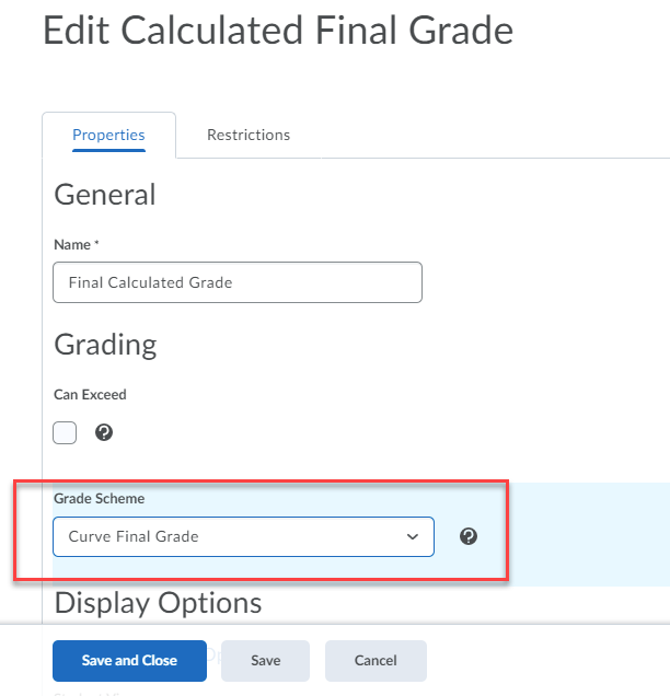 Shows the new scheme "Curve Final Grade" selected while editing the Final Calculated Grade item.