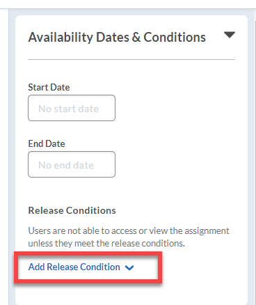 Shows the Availability Dates & Conditions menu, with Add Release Condition circled in red.