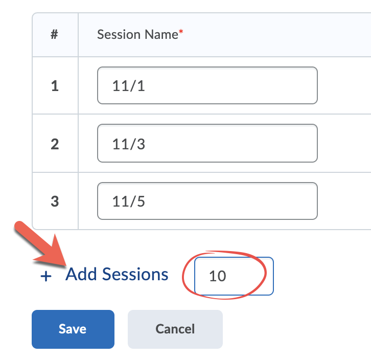 The "Add Sessions" field showing an example value of 10 and and arrow indicating to click the "Add" button.