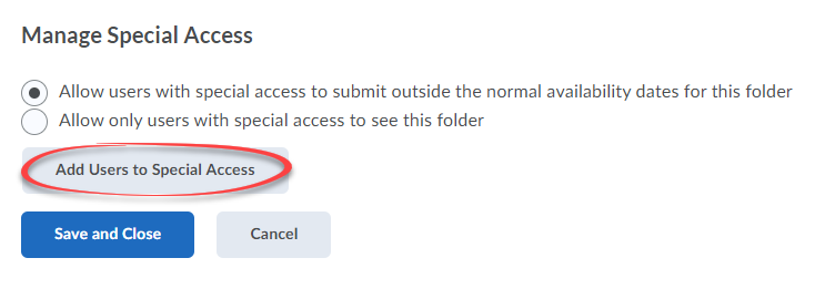 Manage Special Access menu with Add Users to Special Access button circled in red.