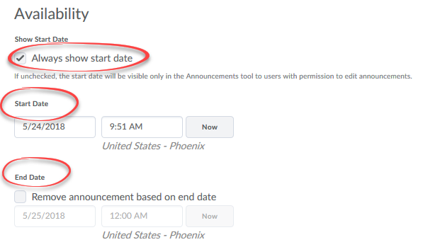 image of avialibilty section of new announcment page with start and end date circled