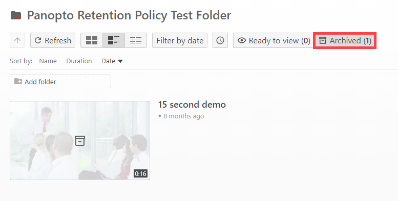 Image showing location of Archived button within a Panopto folder. 