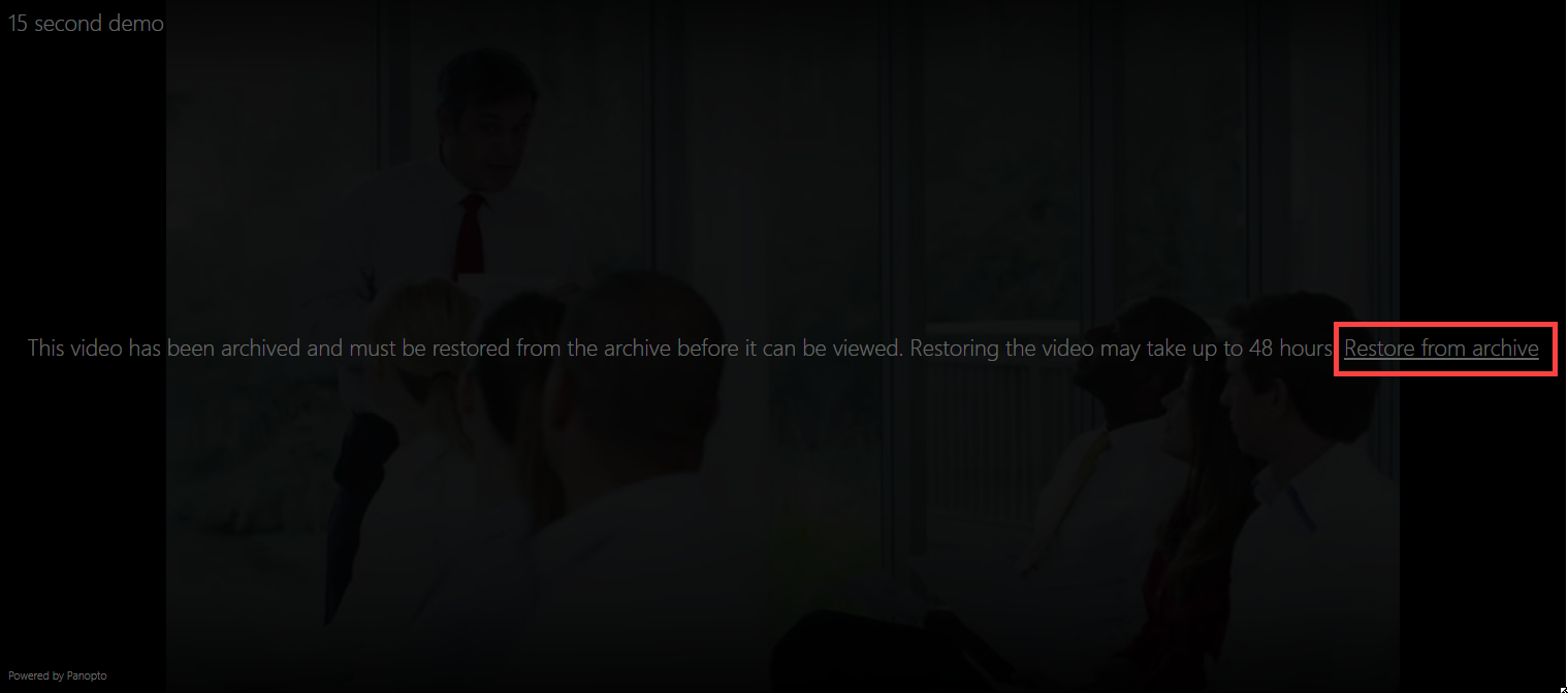 Image showing location of Restore from Archive linked text within the Panopto Embedded Viewer
