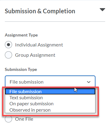 Shows the four submission types available.