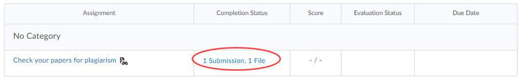 Screenshot of Assignments page with submission link circled.