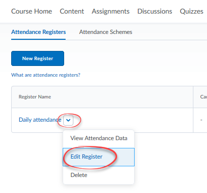 Action menu of an attendance register with the "Edit Register" menu item circled