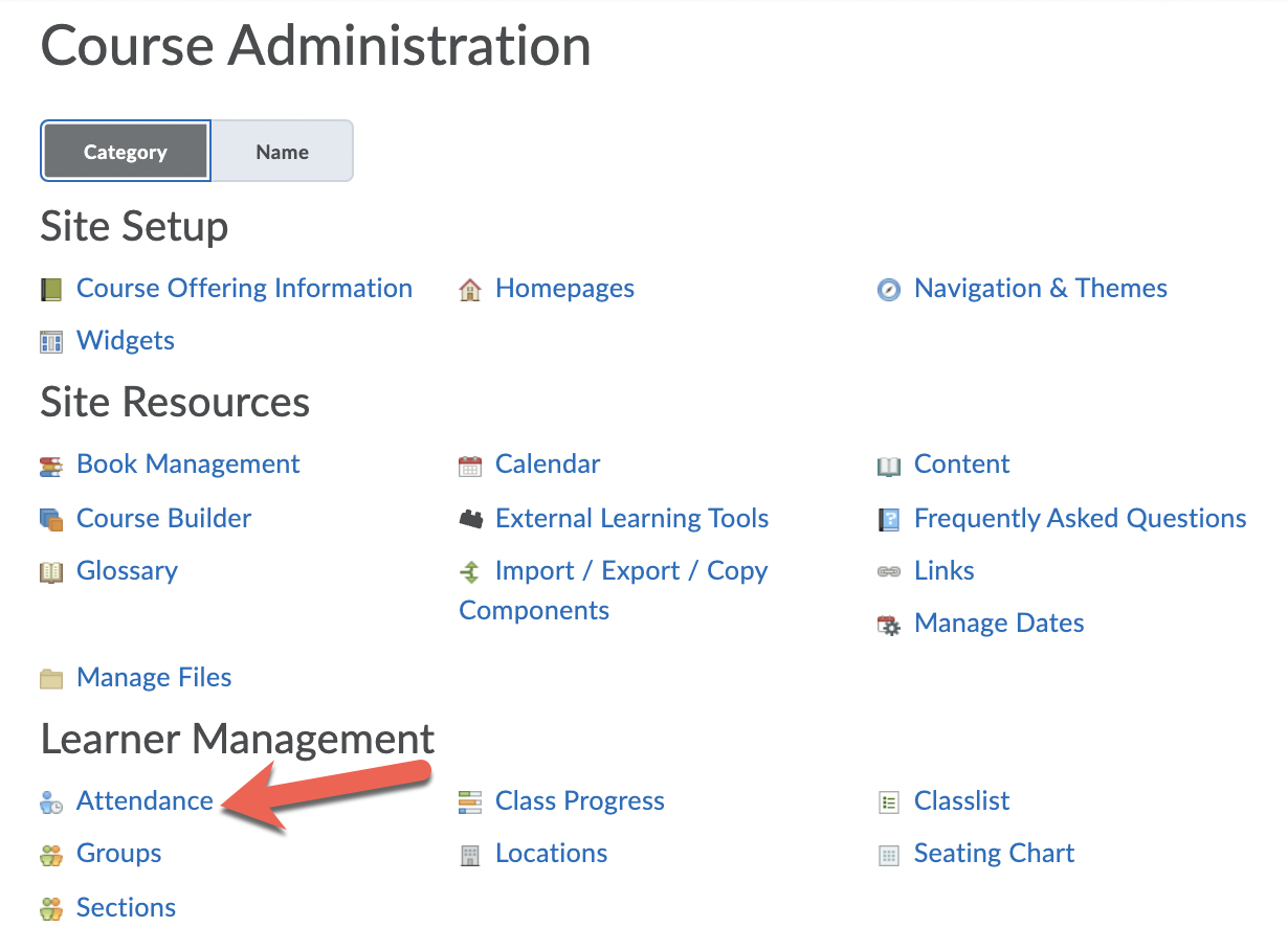 Attendance tool located in Course Admin within the Learner Management category