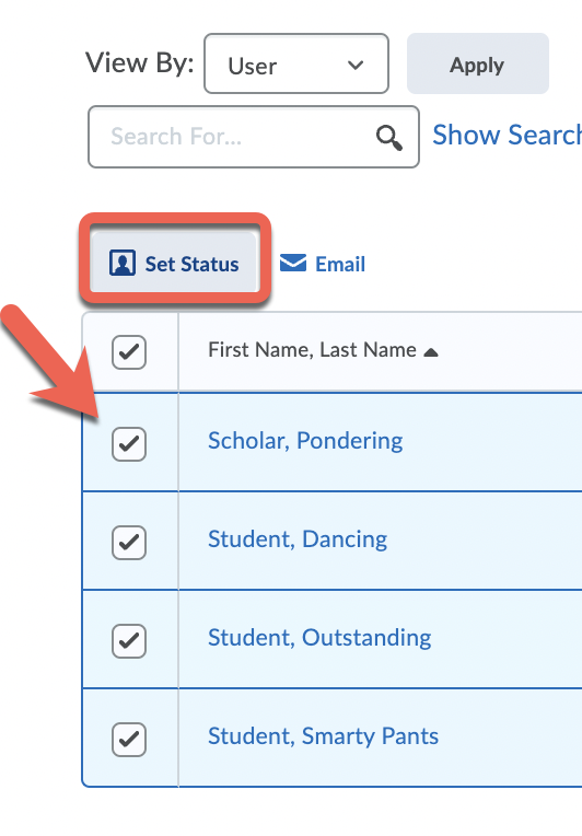 The Set Attendance Data page showing the Last Name, First Name column with the checkboxes next to each student's name checked and the "Set Status" button circled.