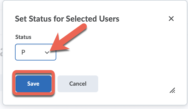 The "Set Status for Selected Users" window showing the Status drop-down menu with an example status of "P" selected.