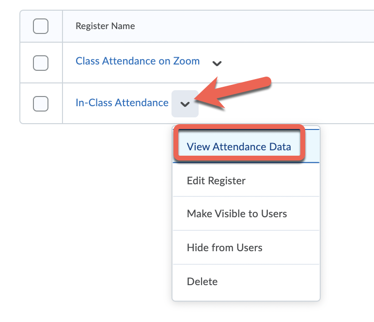 The action menu for an attendance register with the "View Attendance Data" menu item circled.