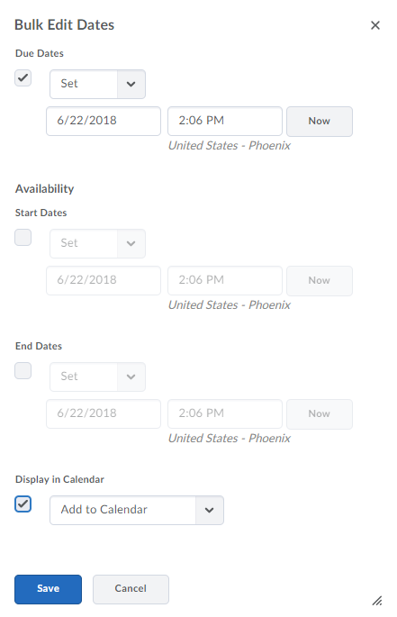 Bulk Edit Dates screen with options checked.