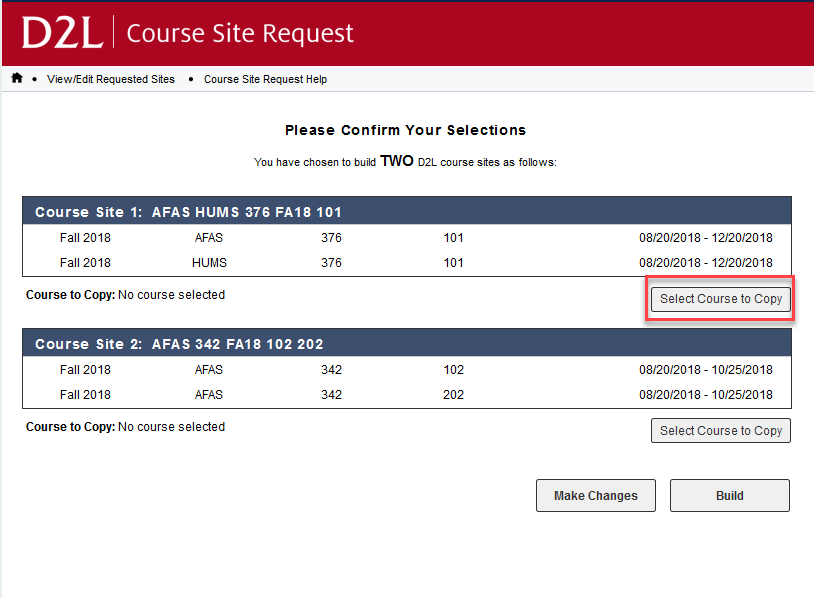 image olf course confirmation page with copy a course button circled