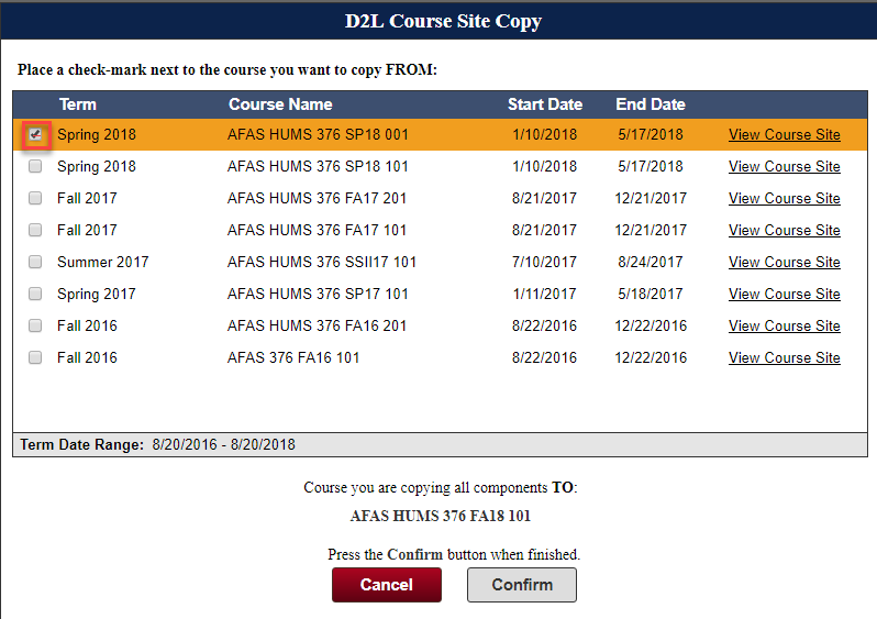 image of list of courses that an instructor could choose from to copy to the new course site