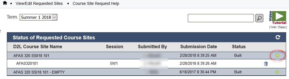 image of list of requested course sites with the green plus sign circled to the right