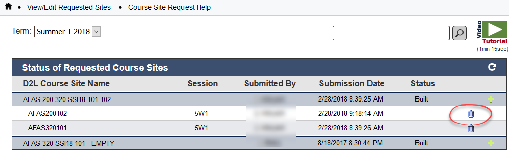 Image of list of requested sites, with circled trash can to the right of the section to be removed