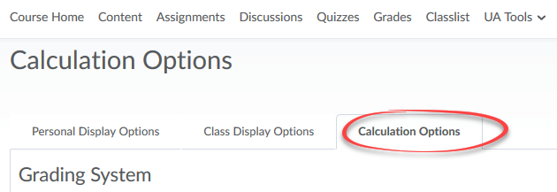 Image of grade settings page with the Calculation options tab circled