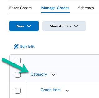 Manage Grades interface pointing out Category is flush left.