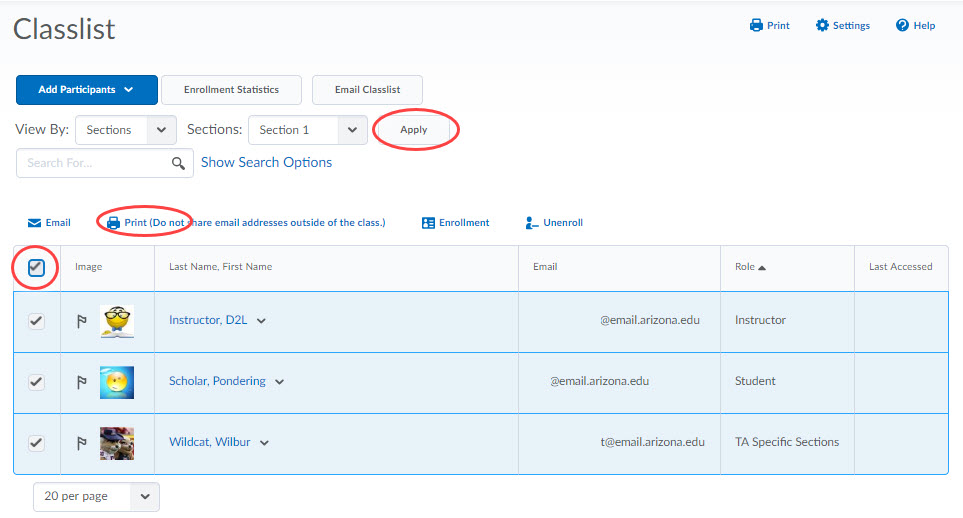 select group or section and select to print 