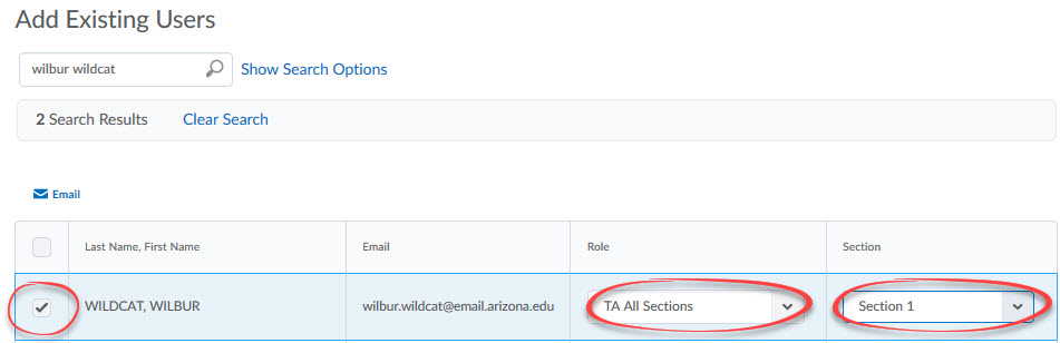 screenshot of selected user with role and section selected in dropdowns