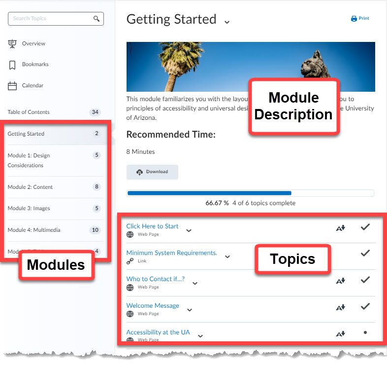 Anatomy of Content: shows modules, module description, and topics.