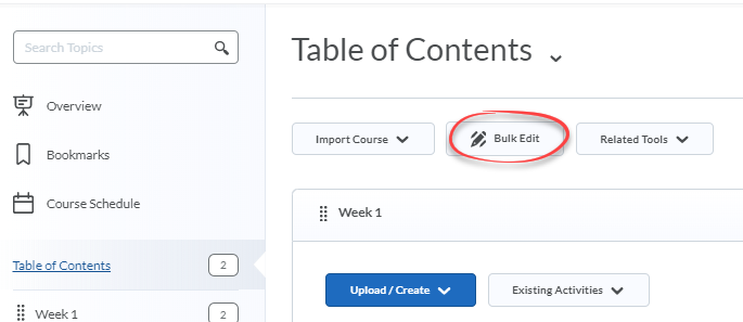 Table of Contents with the Bulk Edit button circled in red.