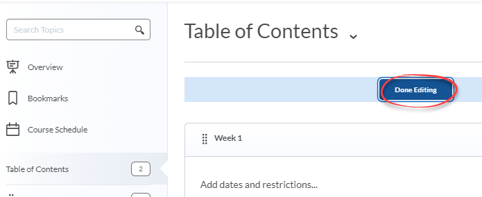 Table of Contents with the Done Editing button circled in red.