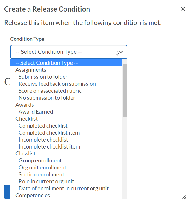 Condition type menu, showing some of the options available.