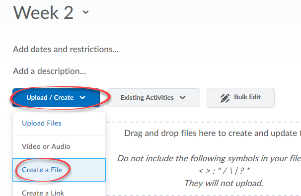 image of the Upload/Create menu with Create a File option circled