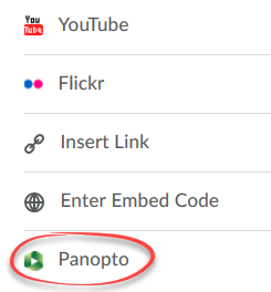 image of the insert stuff options with Panopto circled