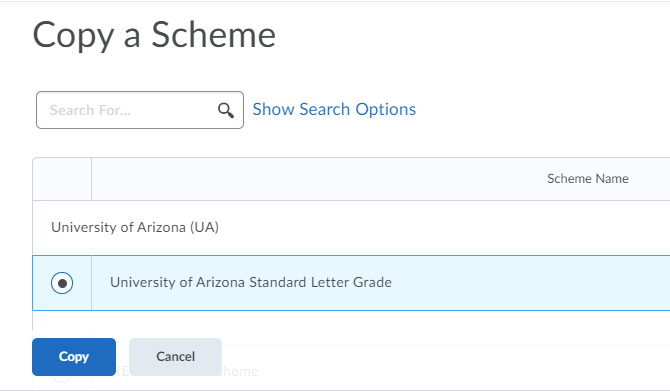 Copy button and the University of Arizona Standard Letter Grade (selected).