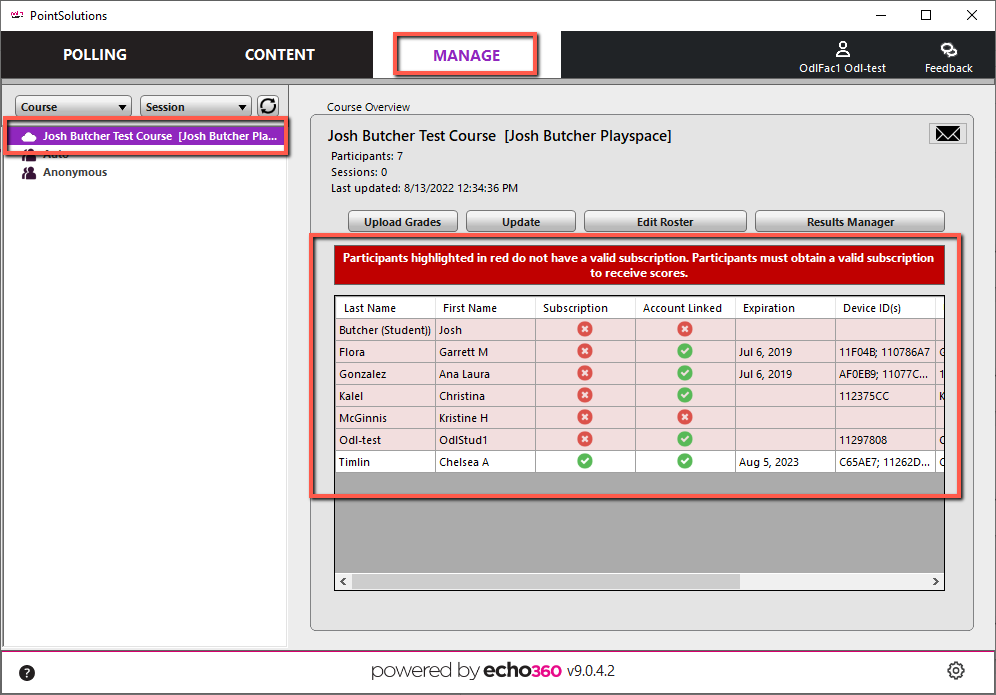 Course roster in desktop app