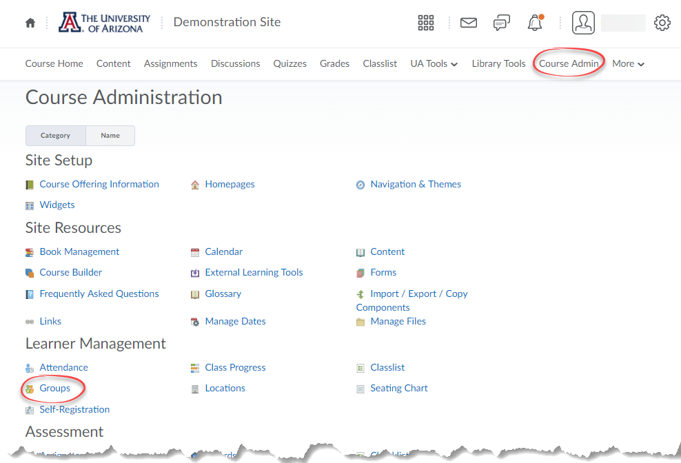 Navigation Bar with Course Admin circled and Course Admin page with Groups circled