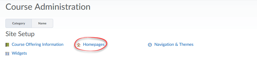 Circled Homepages option in Course Admin.