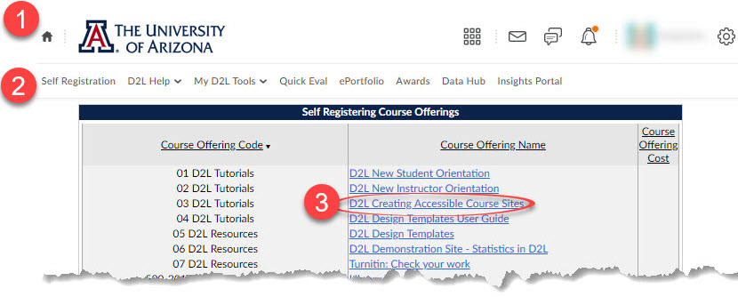 image showing steps to locate self-registration courses