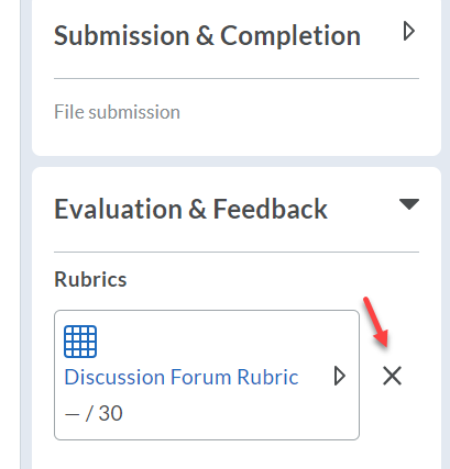 Red arrow points to the x used to delete rubric from assignment.