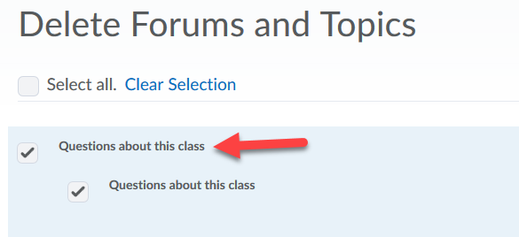 Image showing how to delete a Forum and the Topics within this forum by clicking the checkbox next to the Forum name