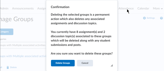 dialog box warning that deleting groups also deletes associated activities and alerting which ones