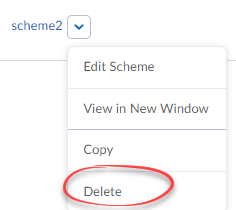 The action menu for an attendance scheme with the "Delete" menu item circled