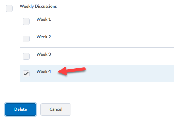 Click the checkbox next to the Topic to delete specific Discussion Topics only