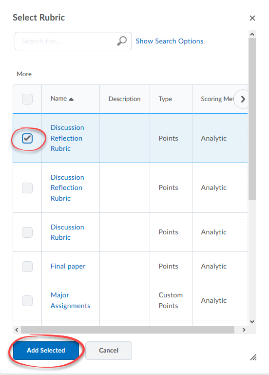 Rubric pop-up window with selection options